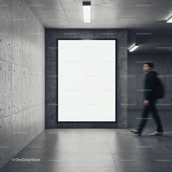 Blurred Man Walking Past Blank Urban Advertising Board JPG Mockup Image