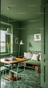 Green Interior with Wooden Dining Table and Comfortable Seating