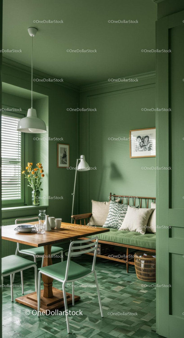 Green Interior with Wooden Dining Table and Comfortable Seating