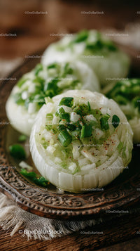 Stuffed Onion with Chopped Green Onions on Rustic Plate for Appetizers