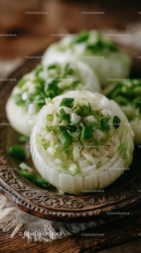 Stuffed Onion with Chopped Green Onions on Rustic Plate for Appetizers