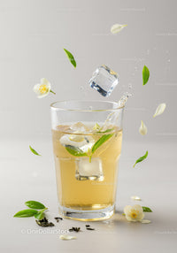 Refreshing iced green tea with jasmine flowers and leaves