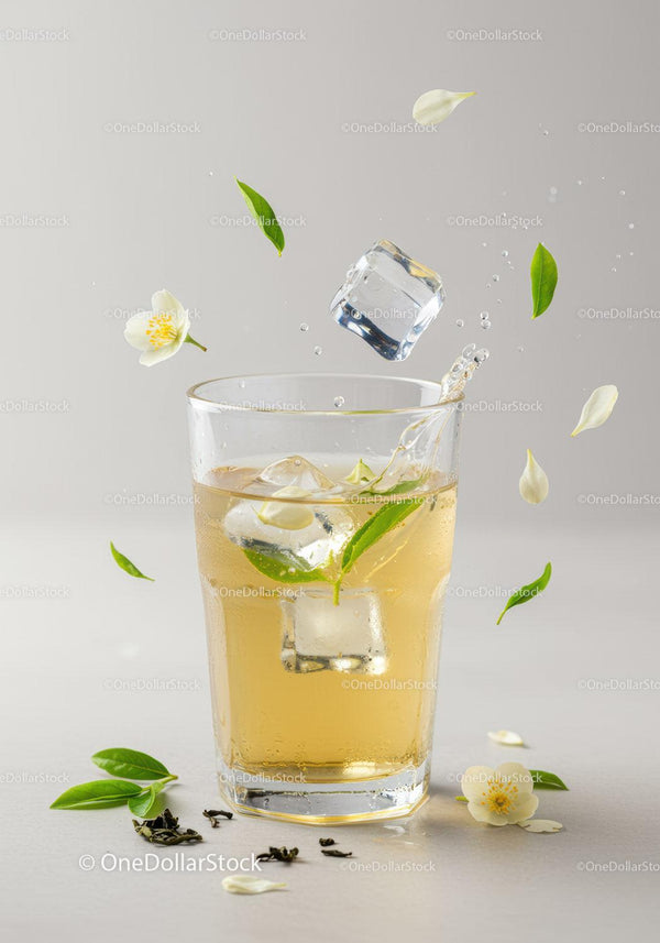 Refreshing iced green tea with jasmine flowers and leaves