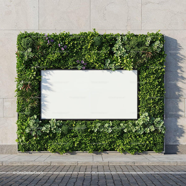 Blank billboard framed by lush green vertical garden JPG Mockup Image