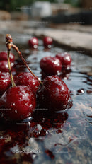Juicy Red Cherries in Fresh Water on Natural Background