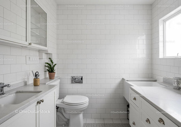 White Tiled Minimalist Bathroom with Natural Light and Modern Fixtures