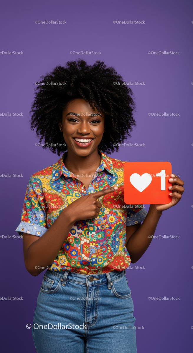Happy African American Woman Holding Social Media Like Icon on Purple Background