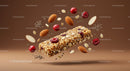 Healthy granola bar with almonds and cranberries floating