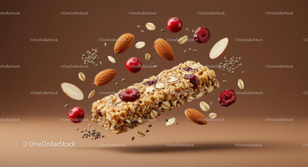 Healthy granola bar with almonds and cranberries floating