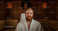 Relaxing Sauna Scene with Smiling Couple in Towel in Wooden Interior