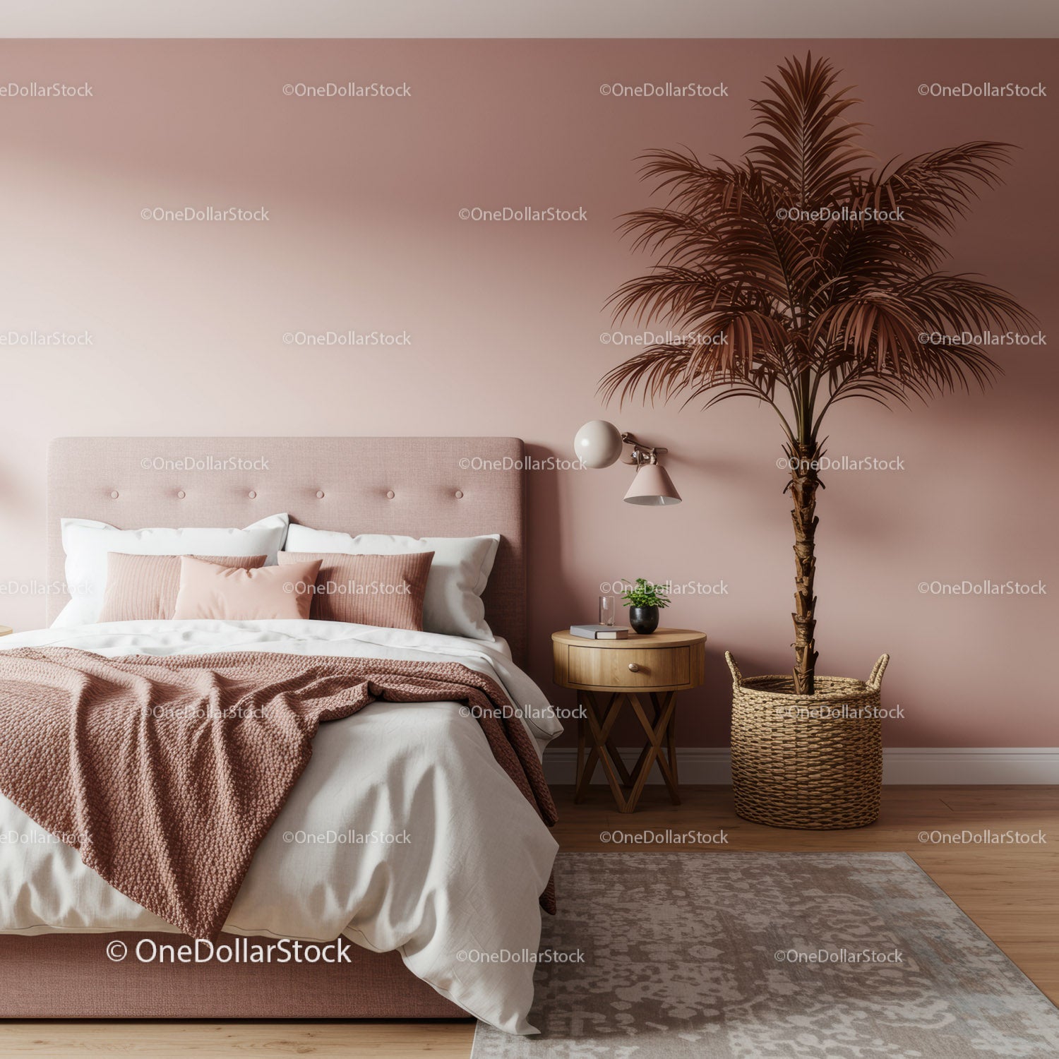 Modern Bedroom with Pink Wall and Large Indoor Palm Tree