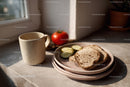 Fresh Breakfast Scene with Coffee, Cucumber, Tomato and Bread