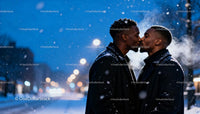 Loving couple sharing a kiss in snowy winter evening