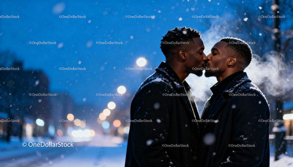 Loving couple sharing a kiss in snowy winter evening