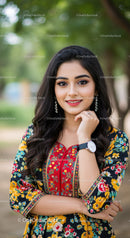Elegant Woman in Floral Dress Enjoying Outdoors in Bright Day