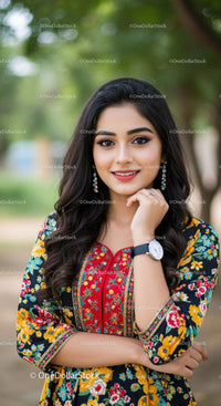 Elegant Woman in Floral Dress Enjoying Outdoors in Bright Day