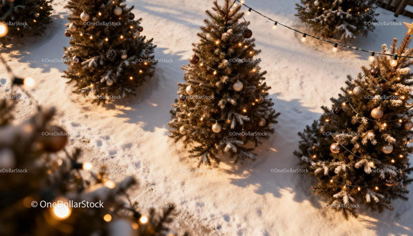 Snowy Christmas Trees Decorated with Warm Lights