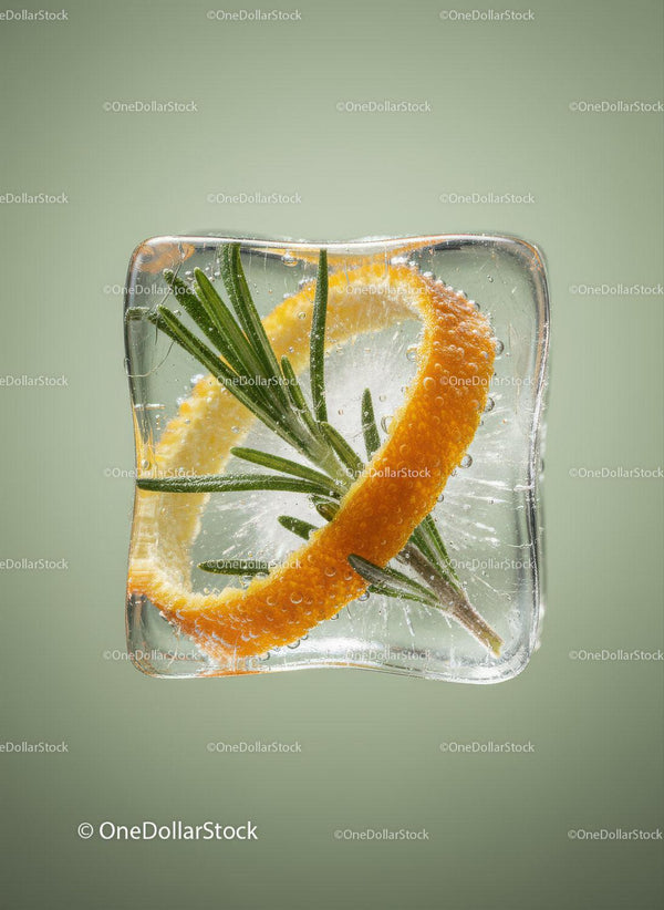 Fresh rosemary and orange peel frozen in ice cube