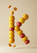 Letter K composed of fresh yellow and red fruits