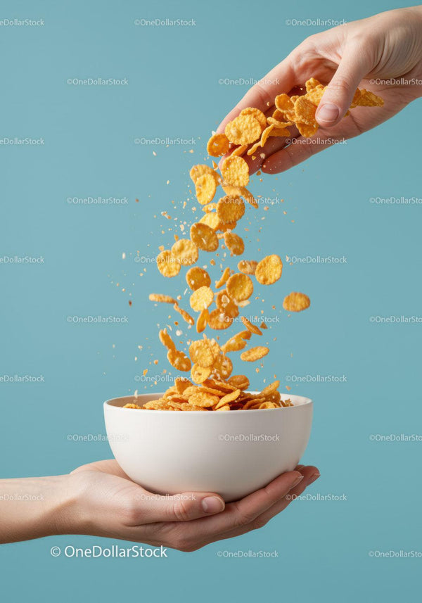 Hand Pouring Crunchy Cornflakes into White Bowl