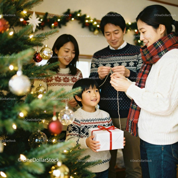 Family sharing joyful moments decorating Christmas tree
