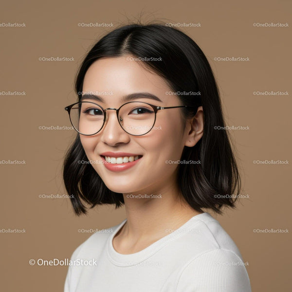 Portret uśmiechniętej młodej kobiety w okularach w studio