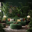 Cozy living room with lush green plants and velvet sofa