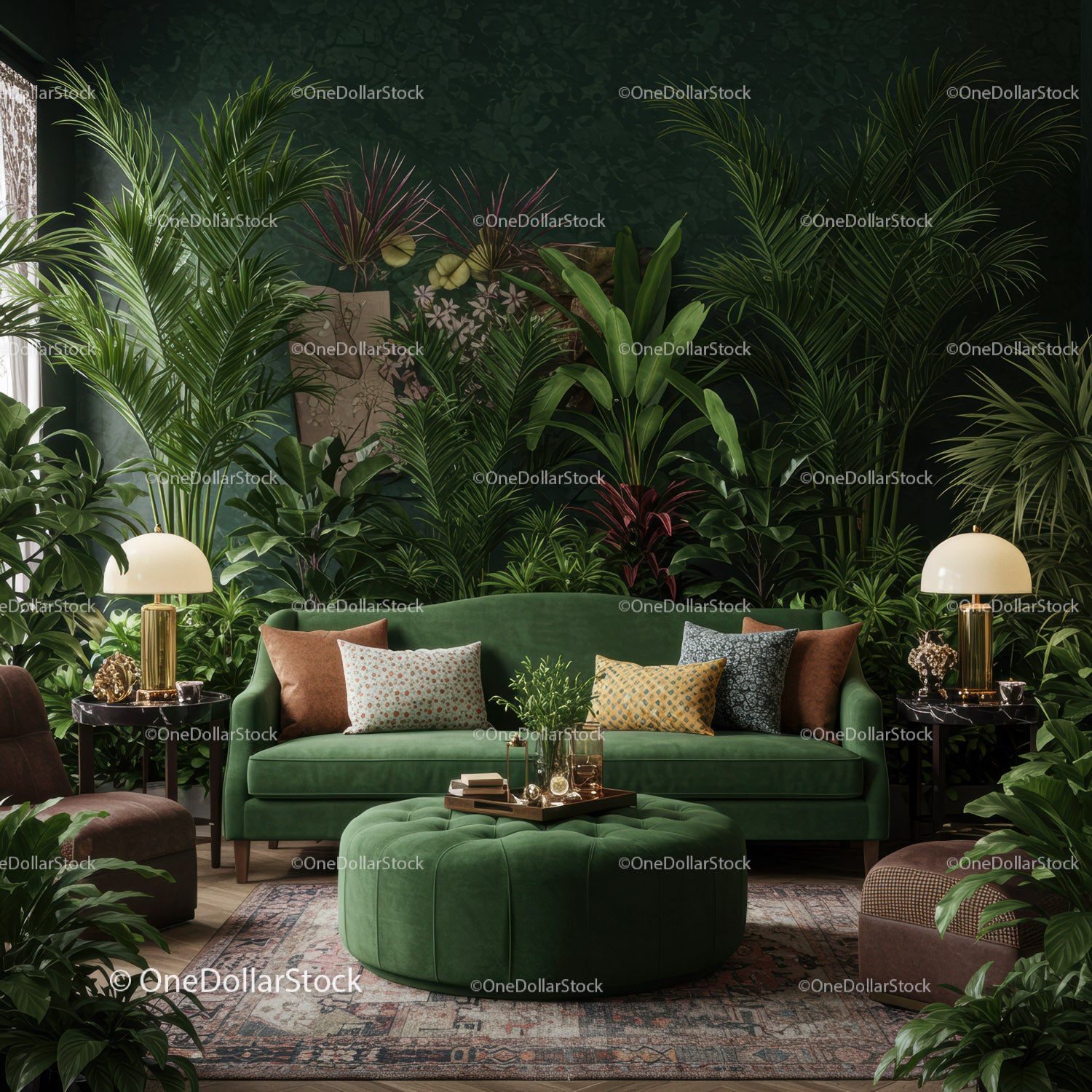 Cozy living room with lush green plants and velvet sofa