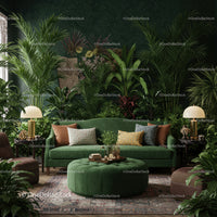 Cozy living room with lush green plants and velvet sofa