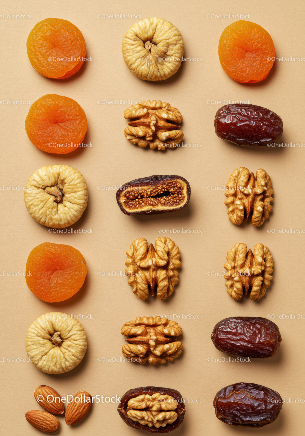Assorted Dried Fruits and Nuts on Beige Background