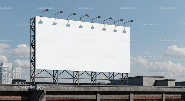 Large blank billboard on rooftop against blue sky JPG Mockup Image