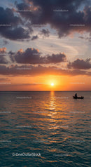 Sunset over Ocean with Small Boat and Dramatic Sky