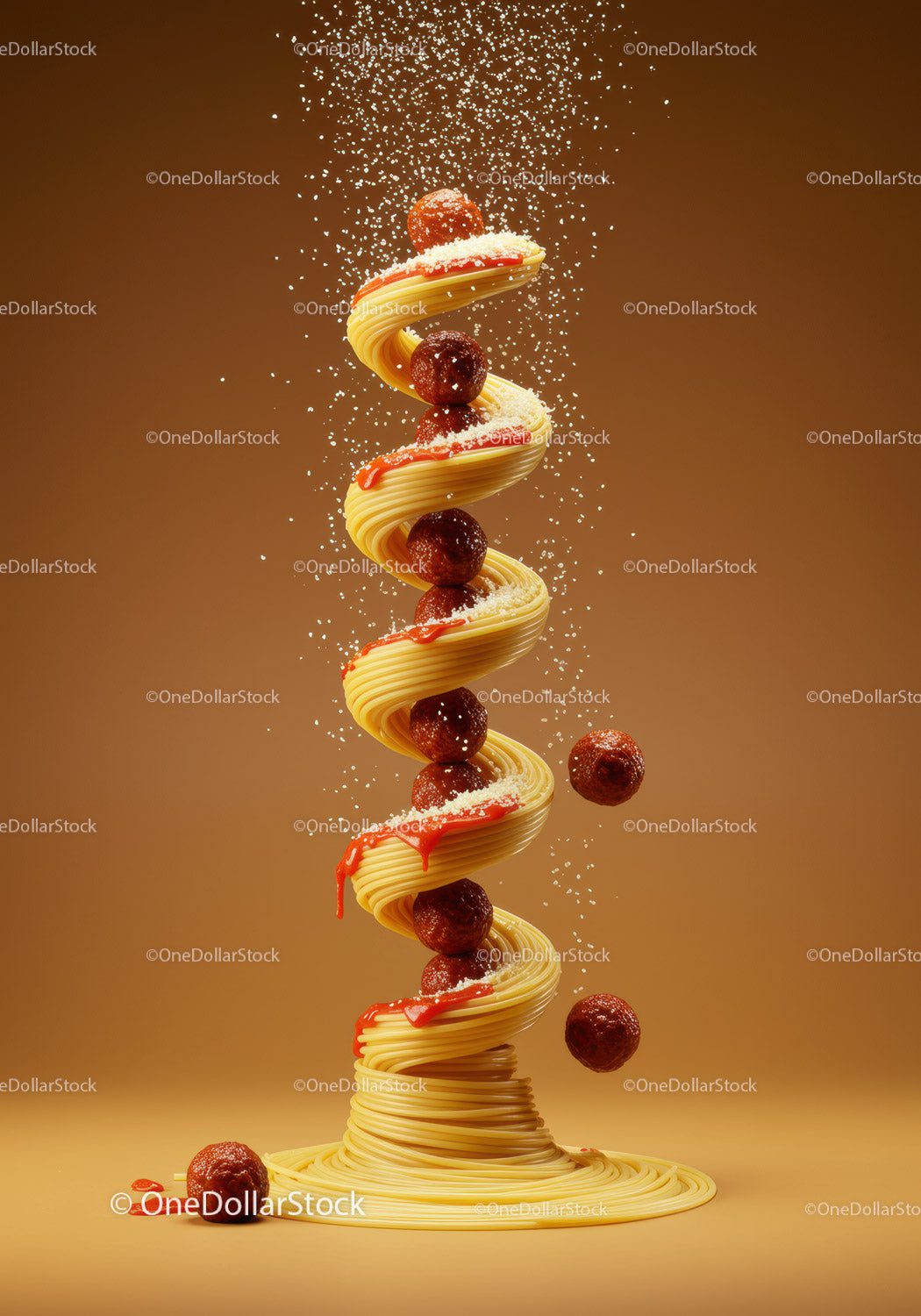 Spiral of spaghetti with meatballs and Parmesan cheese