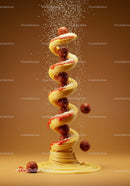 Spiral of spaghetti with meatballs and Parmesan cheese