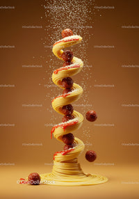 Spiral of spaghetti with meatballs and Parmesan cheese