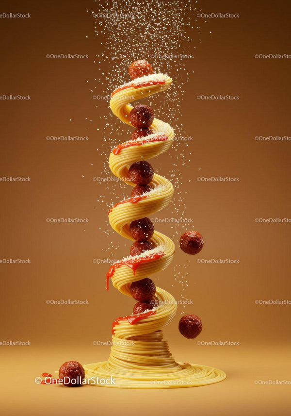 Spiral of spaghetti with meatballs and Parmesan cheese