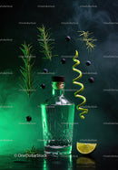 Glass bottle with fresh herbs, citrus peel, and berries