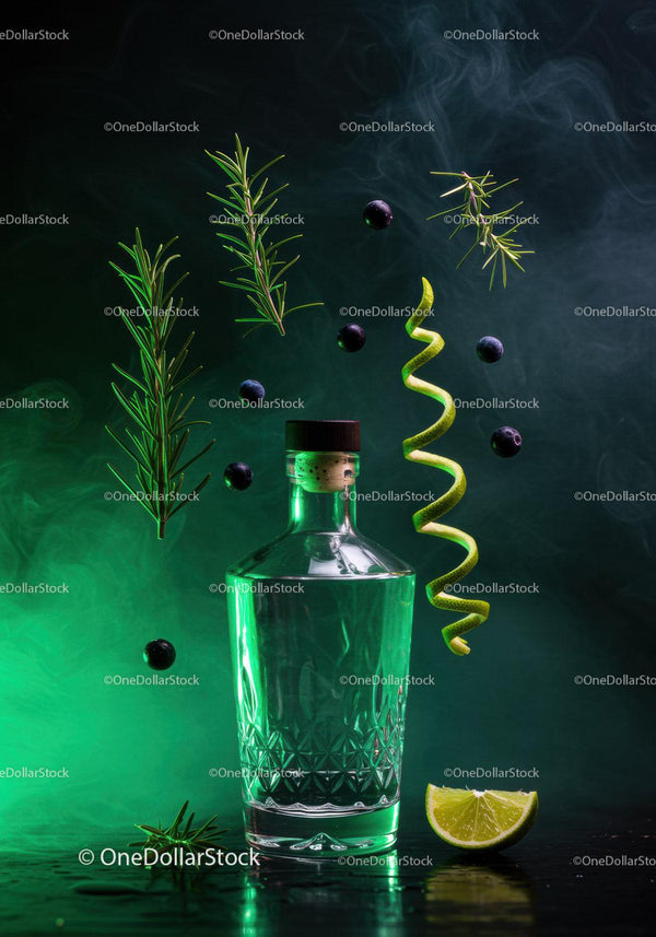 Glass bottle with fresh herbs, citrus peel, and berries