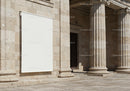 Blank banner on historic stone building facade