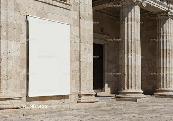 Blank banner on historic stone building facade JPG Mockup Image