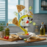 Fresh Mediterranean ingredients flying into white bowl