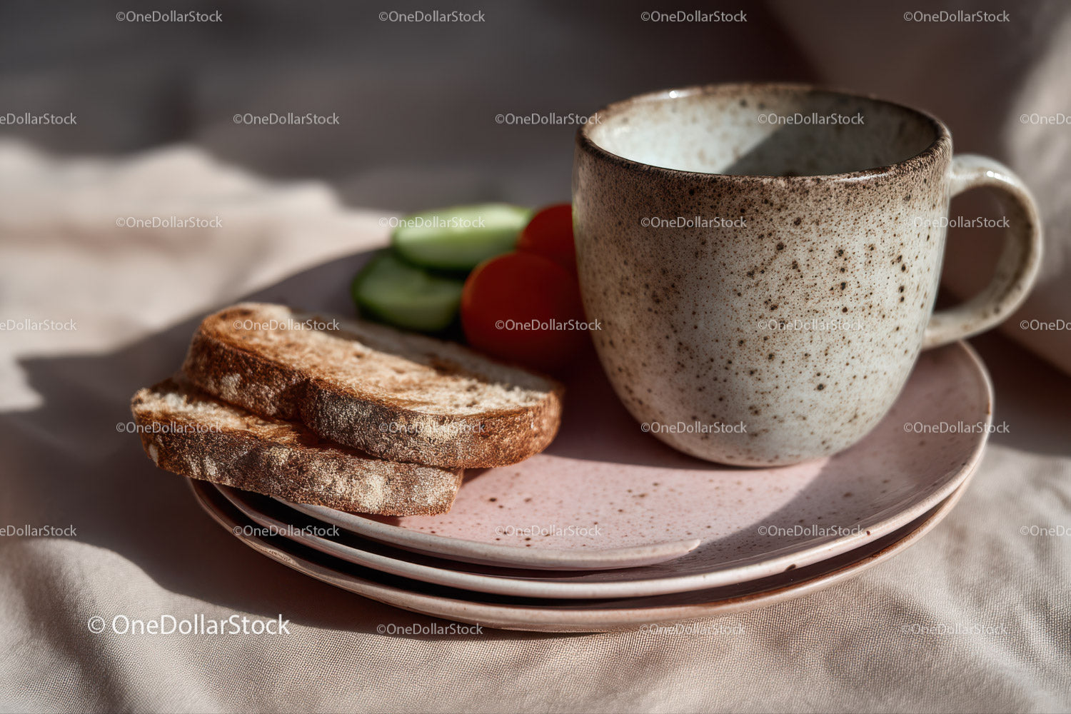 Rustic Ceramic Mug with Toasted Bread and Fresh Vegetables