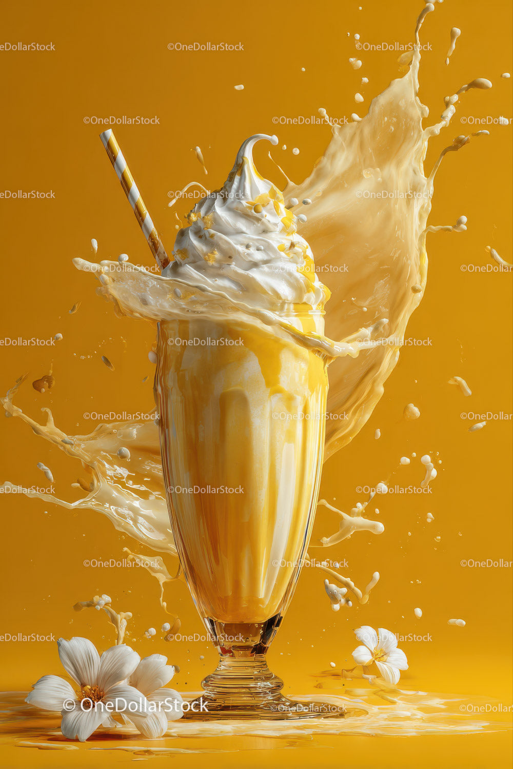 Dynamic Splash of Milk and Cream in a Glass with Bright Yellow Background