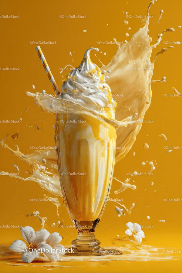 Dynamic Splash of Milk and Cream in a Glass with Bright Yellow Background