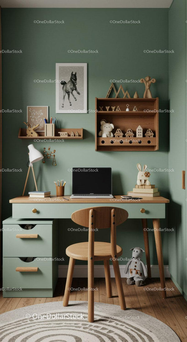 Children's Study Room with Wooden Desk and Mint Green Decor