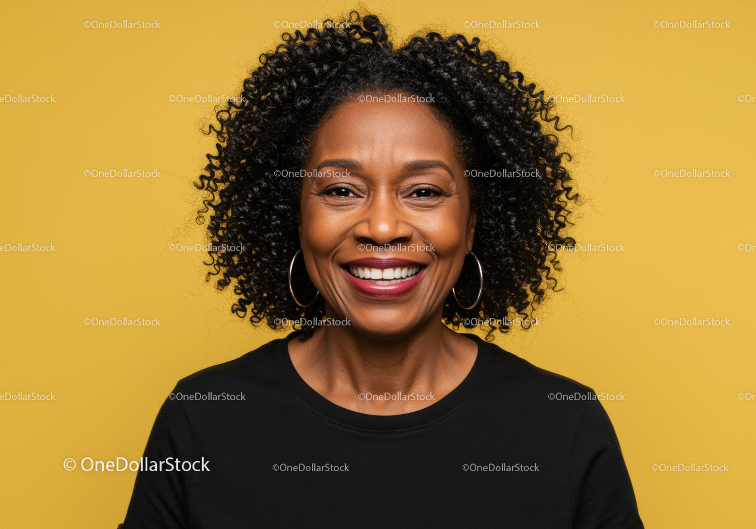 Professional Portrait of Smiling African American Woman with Curly Hair Against Yellow Background