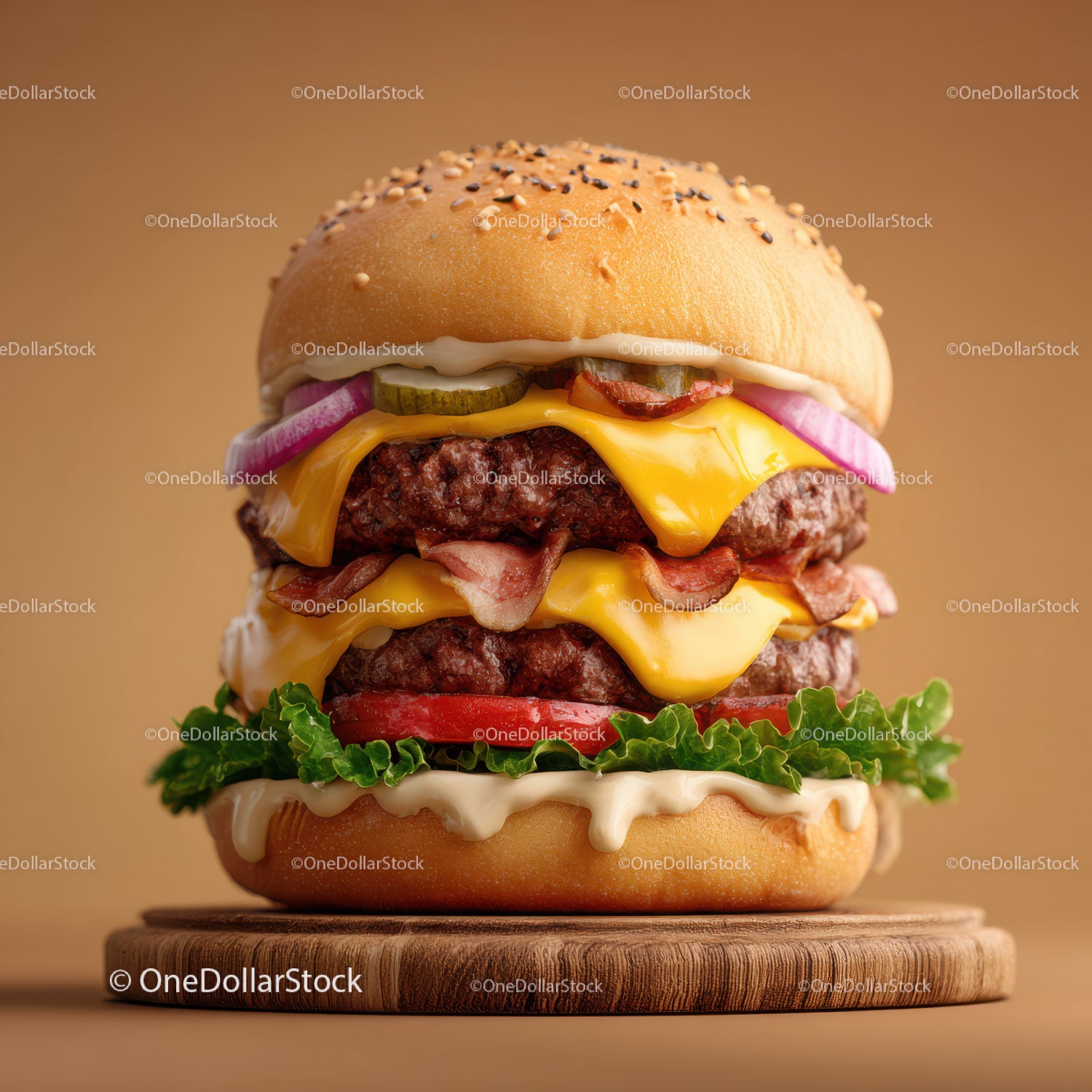 Double Cheeseburger with Bacon and Fresh Vegetables in a Sesame Bun