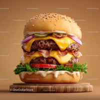 Double Cheeseburger with Bacon and Fresh Vegetables in a Sesame Bun