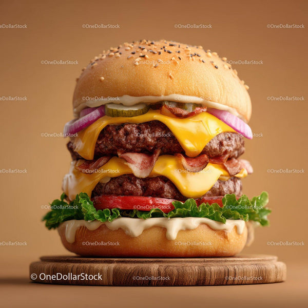 Double Cheeseburger with Bacon and Fresh Vegetables in a Sesame Bun