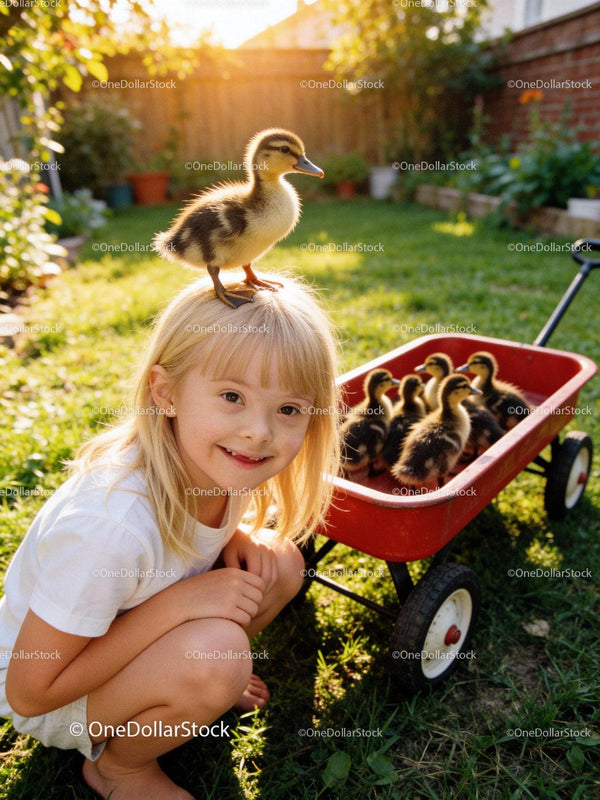 Smiling girl with duckling on head and red wagon